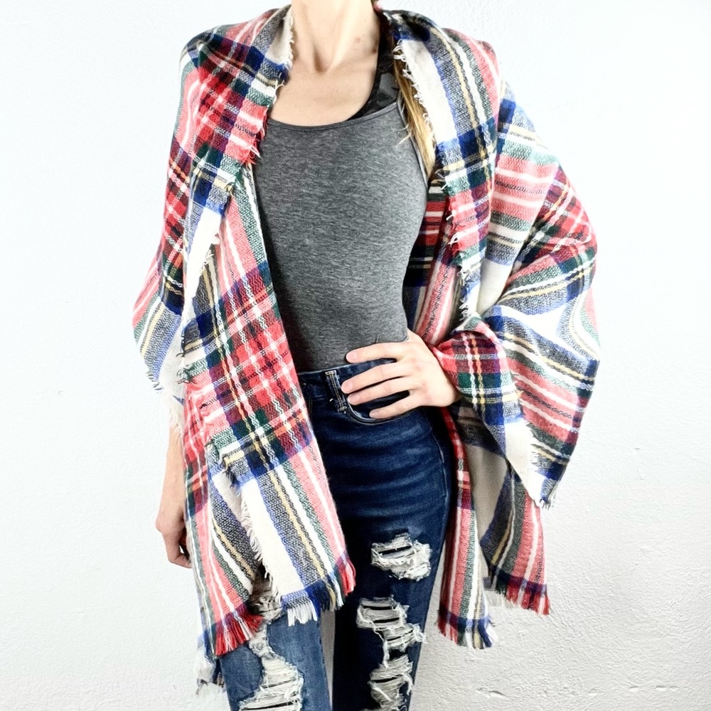 🧣Red Blue Green Plaid Large Raw Hem Scarf Shawl Wrap